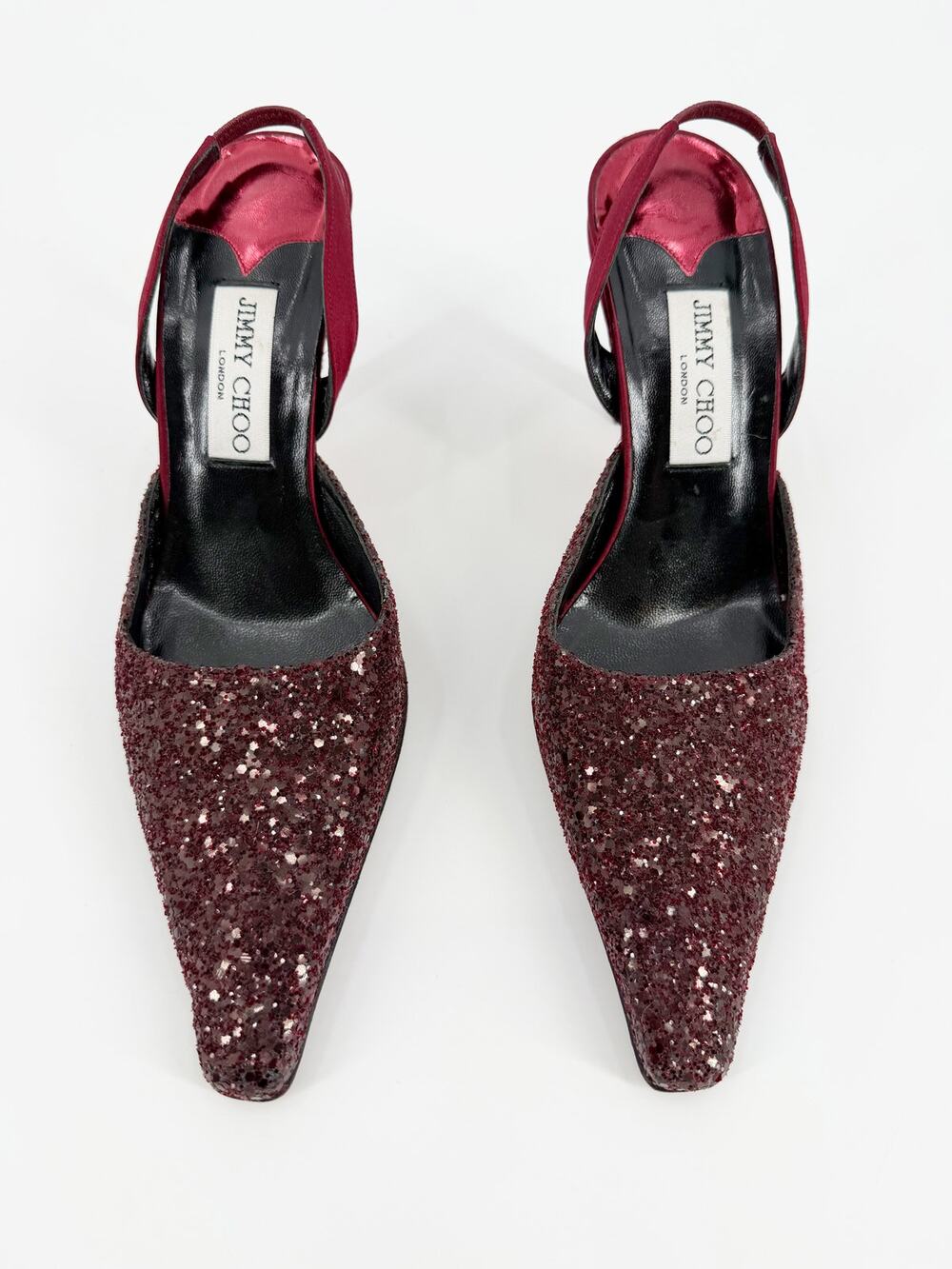 Jimmy Choo Burgundy Red Glitter Pointed Slingback Pumps Heels 39 EU 8.5